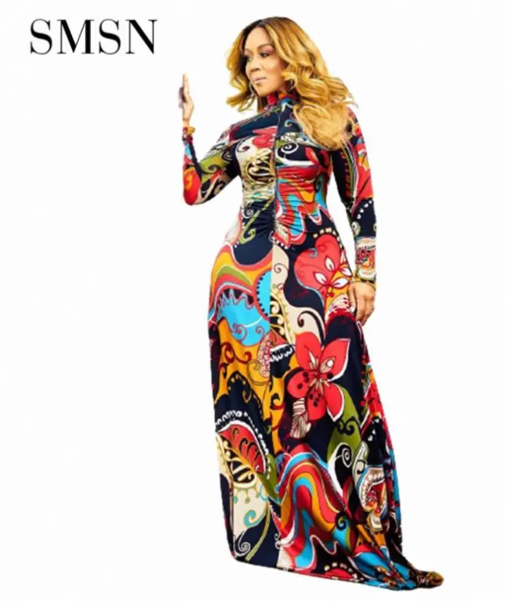 

Latest Design Women Dress 2021 Zipper Design Long Sleeve Print Maxi Elegant Casual Floor-Length Dresses