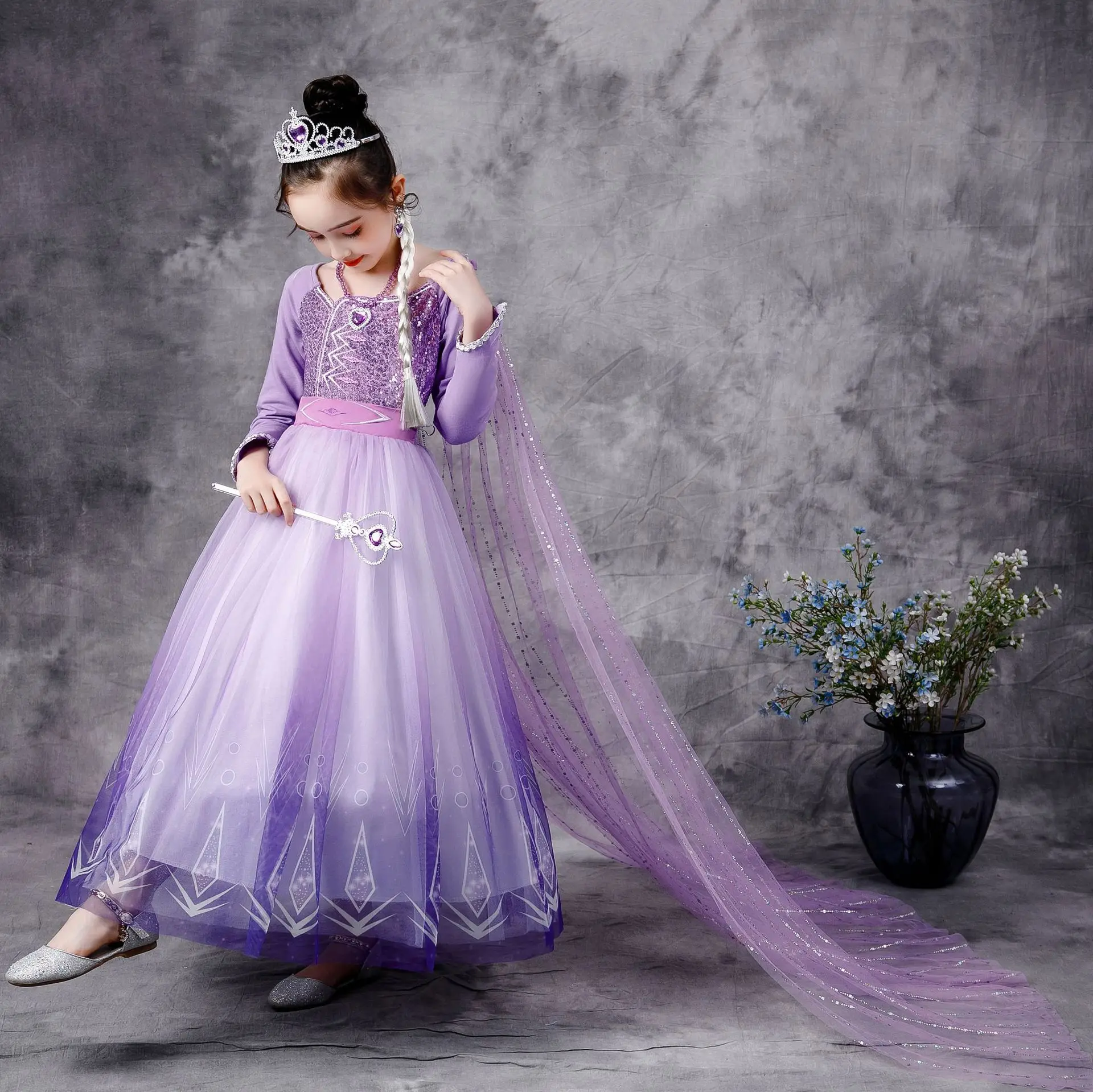 

MQATZ New Elsa Costume 2 Girls Princess Dresses Snow Queen Birthday Fancy Party Cosplay Long Sleeve Outfit, Purple