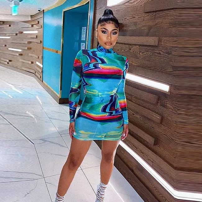 

FS3062A Long Sleeve Skinny Bodycon Casual Streetwear Tie Dye Colorful Mesh See Through Print Mini Dress