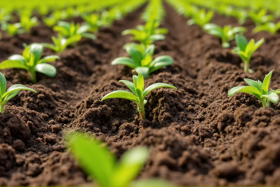 Close-up of mustard seeds being planted in well-prepared garden soil with proper spacing