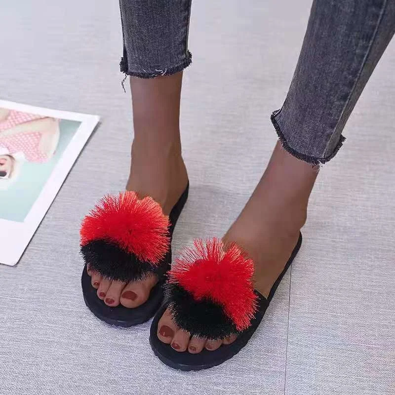 

2021 Ladies hot chic trendy fur sandals slip on fancy slides contrast color flat shoes plus size 45 casual summer beach holiday, Picture colors