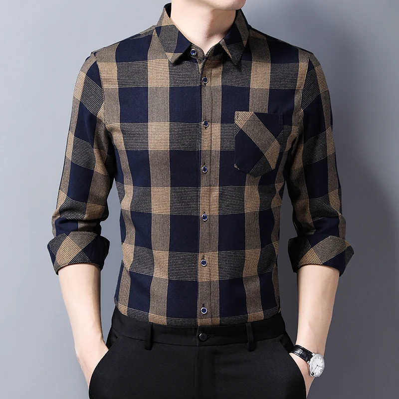 

2021New Casual Men Shirts Slim Fit Fashion Plaid Shirt Spring Long Sleeve Camisa Masculina Men Clothes C722