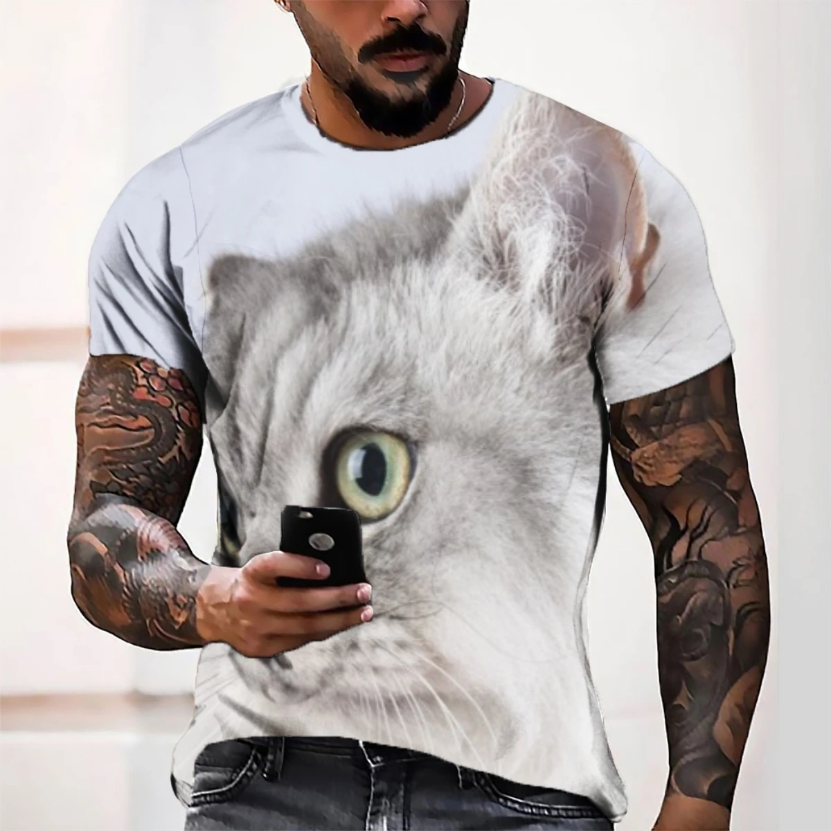 

Custom Logo 3D Digital Printing Men's T-shirts Animal Cat Pattern Short Sleeve Off-white Tshirt For Men Polyester Mens Clothing