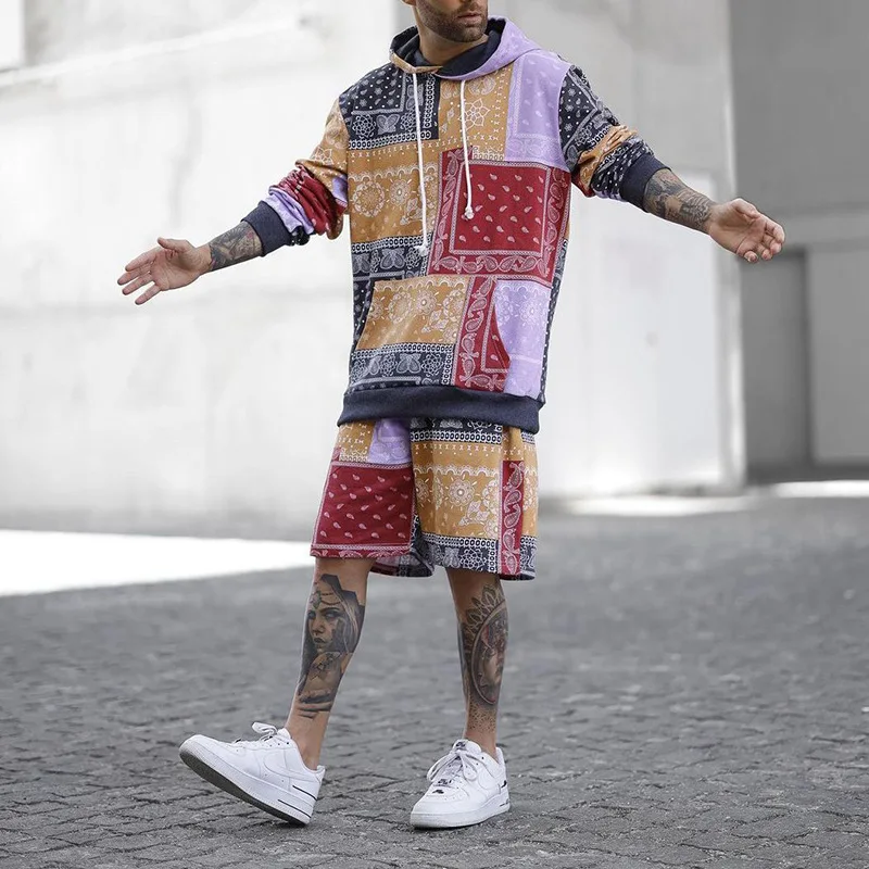 

New arrival fashion printed hooded long sleeved top shorts two pieces sets outdoor sports casual plus size men clothing outfit, Photo color or customized