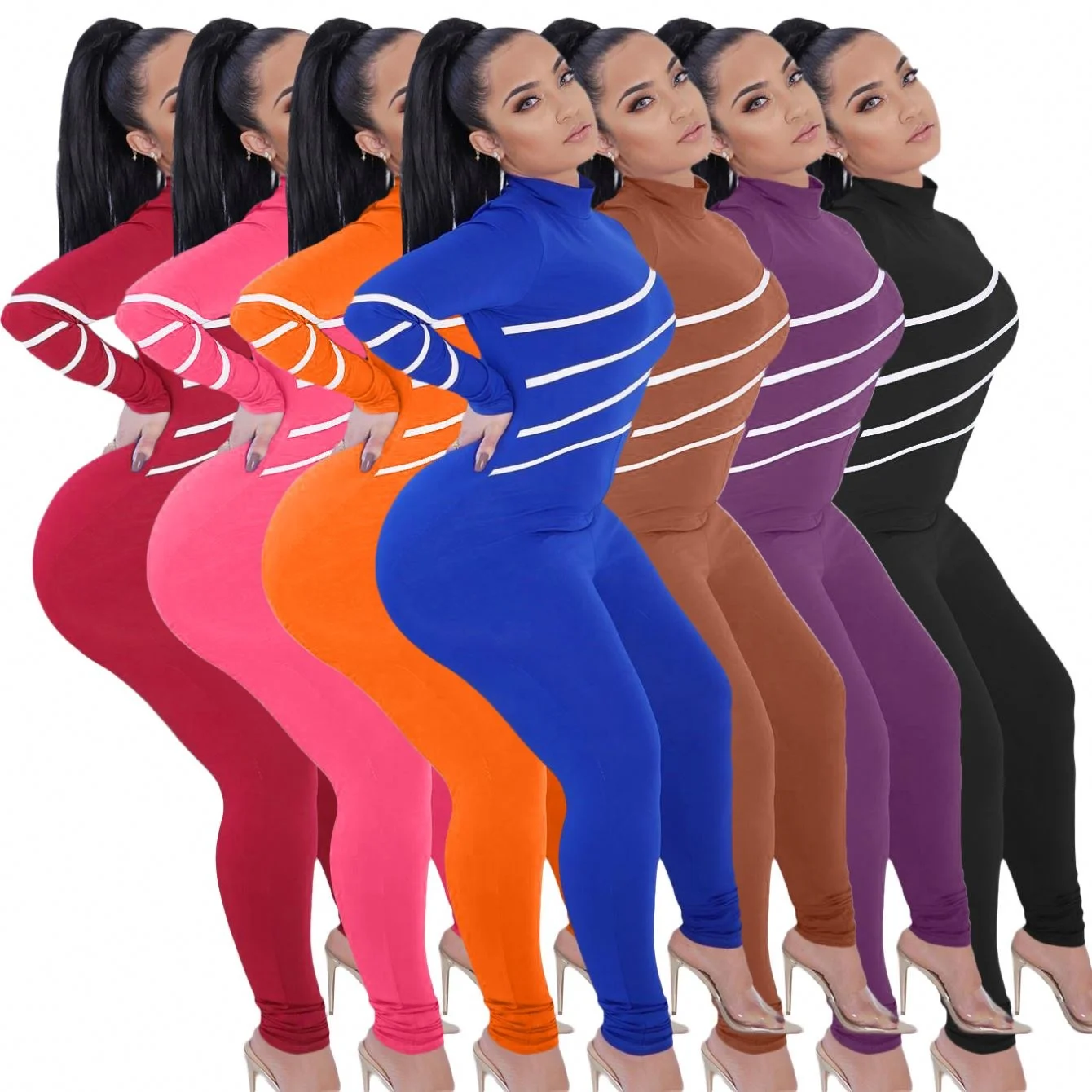 

Hm6350 Fall Ladies Fashion Jumpsuits Women Sexy Legging Solid Color Zipper Long Sleeve Tight Slim Jumpsuit
