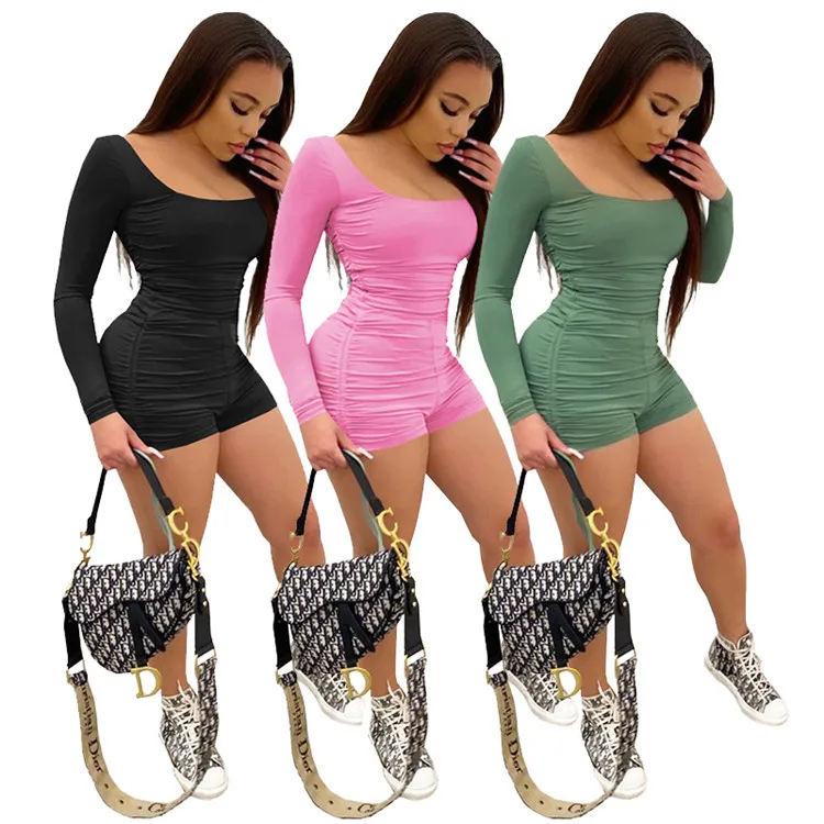 

2021 Summer Long Sleeves Women Skinny Short Playsuits Square Neck Long Sleeves Skinny Jumpsuits Draw string 3 Colors Rompers, As picture