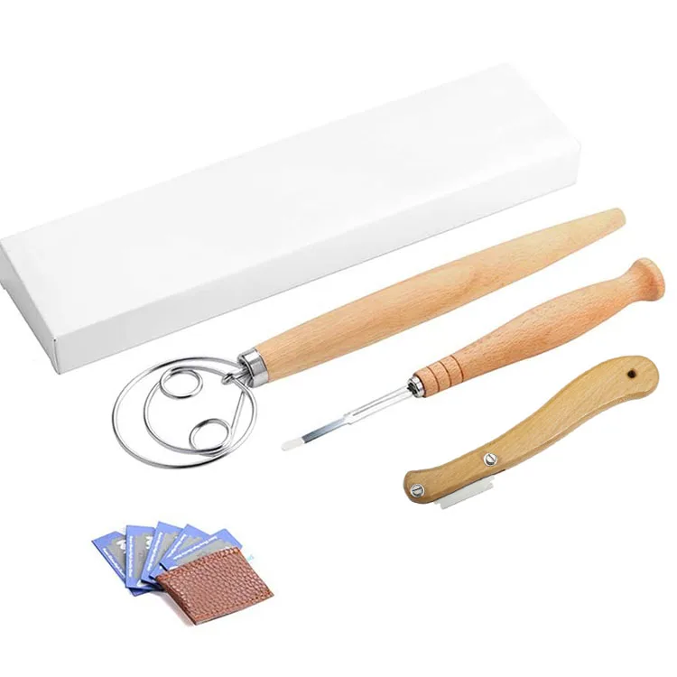 

New Eco-friendly Kitchen Products Stainless Steel Original Wood Handle Curved Trimming Knife Bread Lame Danish Dough Whisk Set, Natural color