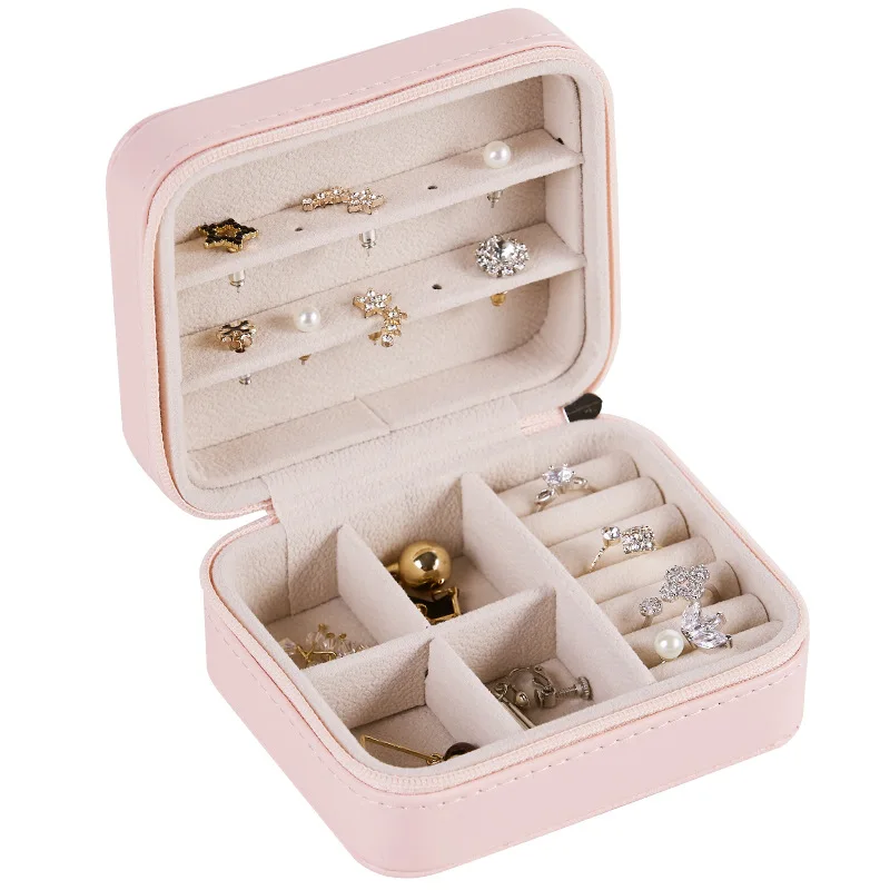 

PU Leather Velvet Ring Zipper Jewelry Box Earring Necklace Packaging Small Box Portable Travel Jewelry Organizer Boxes