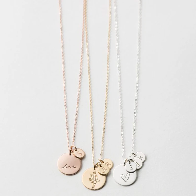 

dainty gold plated 925 sterling silver custom engraved letter disc coin pendant necklace personalized for women, Gold/rose gold/silver