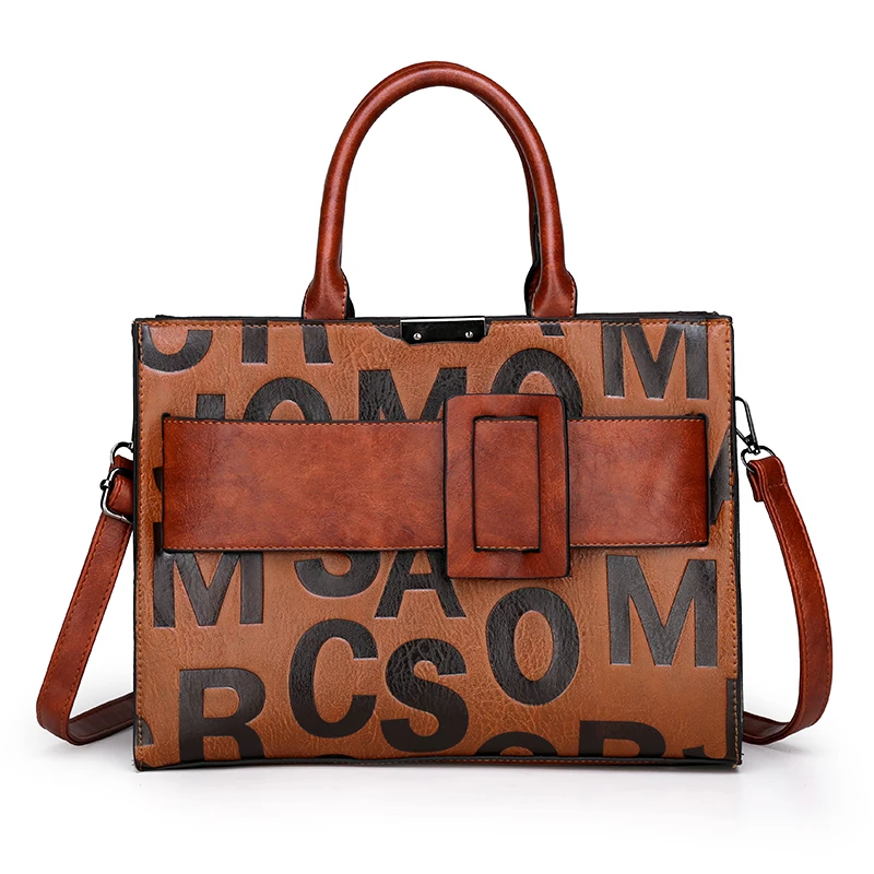 

Wholesale embossed logo PU leather handbags large capacity ladies tote shoulder bag portable female, Brown/black/red/d-brown