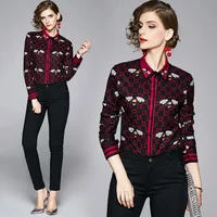 

2020 Spring Summer hot selling vintage digital printing casual polo neck long sleeves high quality fashion womens blouses tops