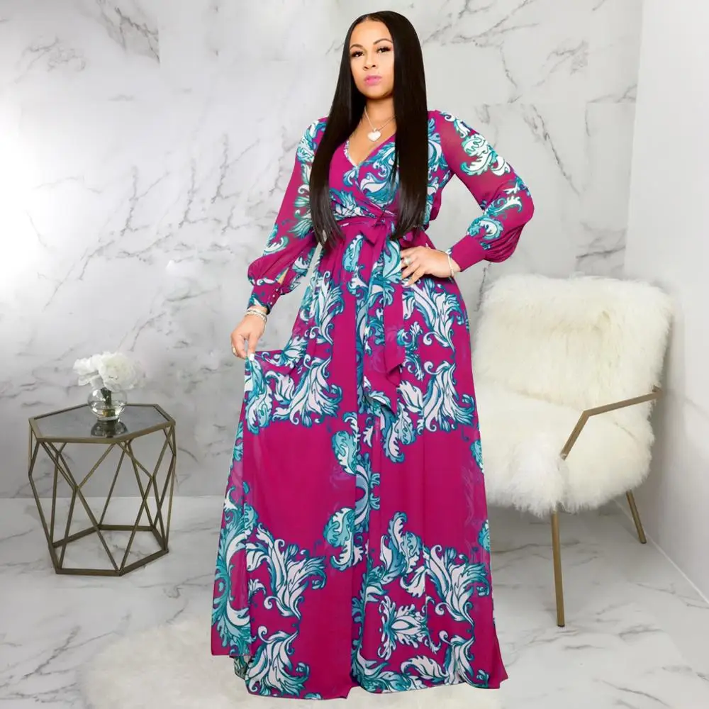 

Floral women long sleeve plus size dresses maxi dress
