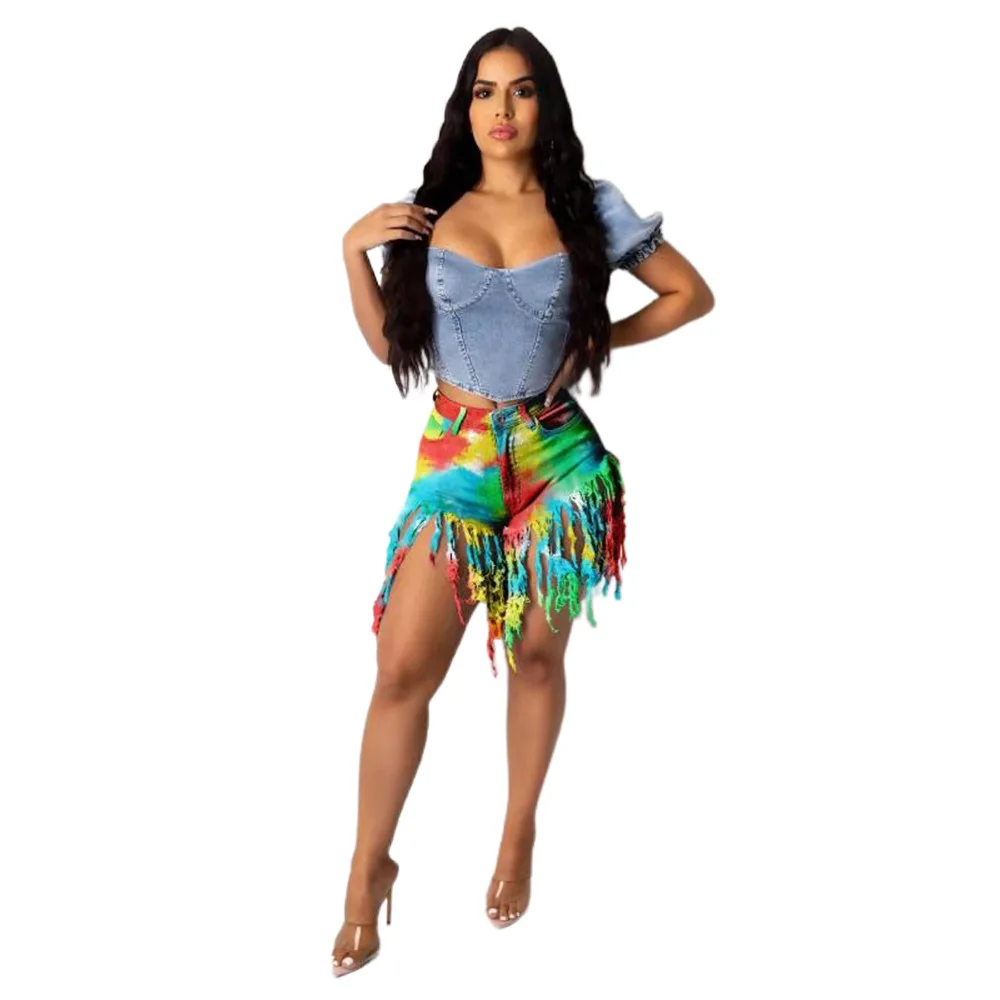 

Women Sexy Tie Dye Shorts Summer Clothes Plus Size 2XL Tassel Mini Shorts Fashion Contact Color Streetwear Slim Short Pants