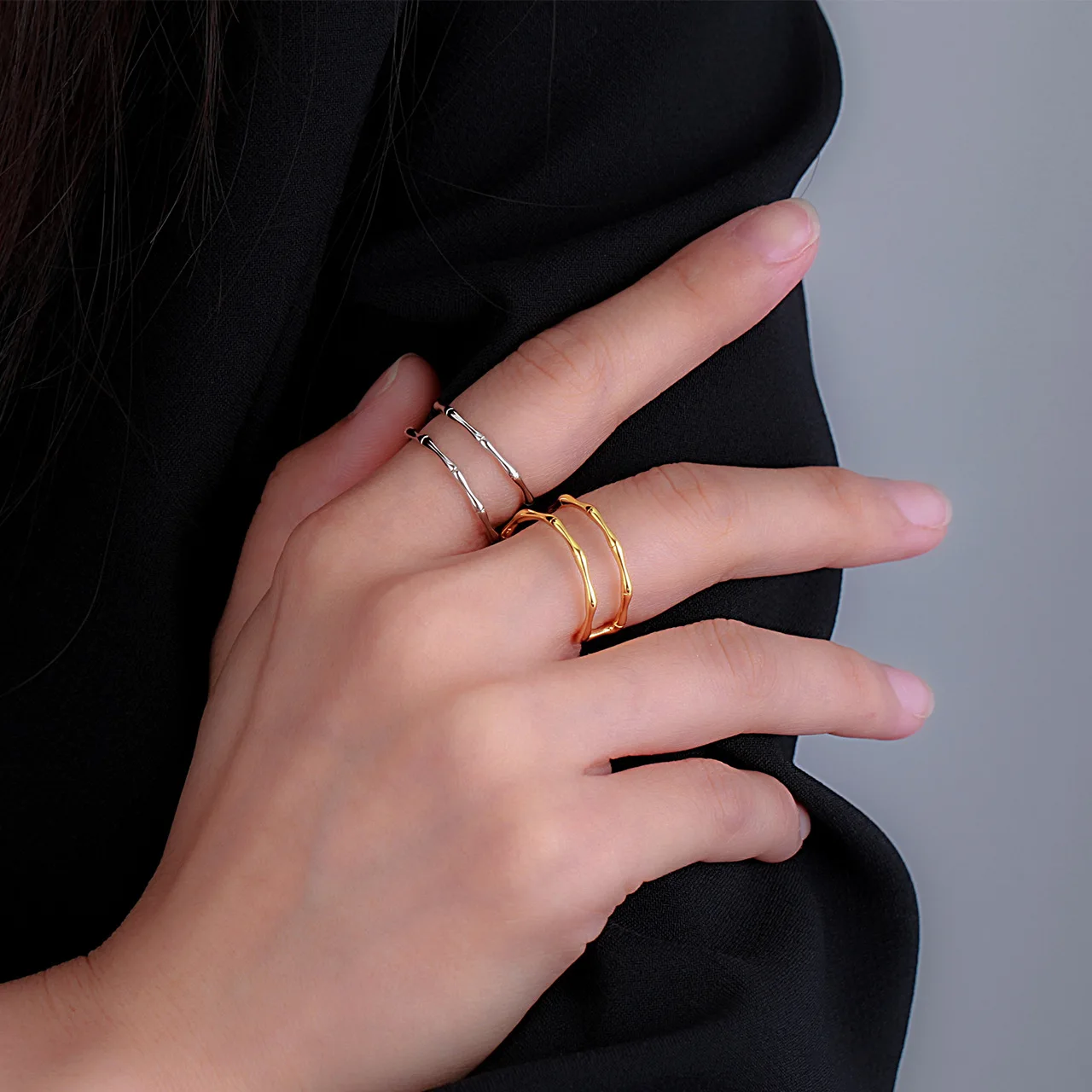 

Simple Fashion S925 Real Gold Plating Adjustable Bamboo Rings Never Fade Sterling Silver Double Layer Irregular Rings