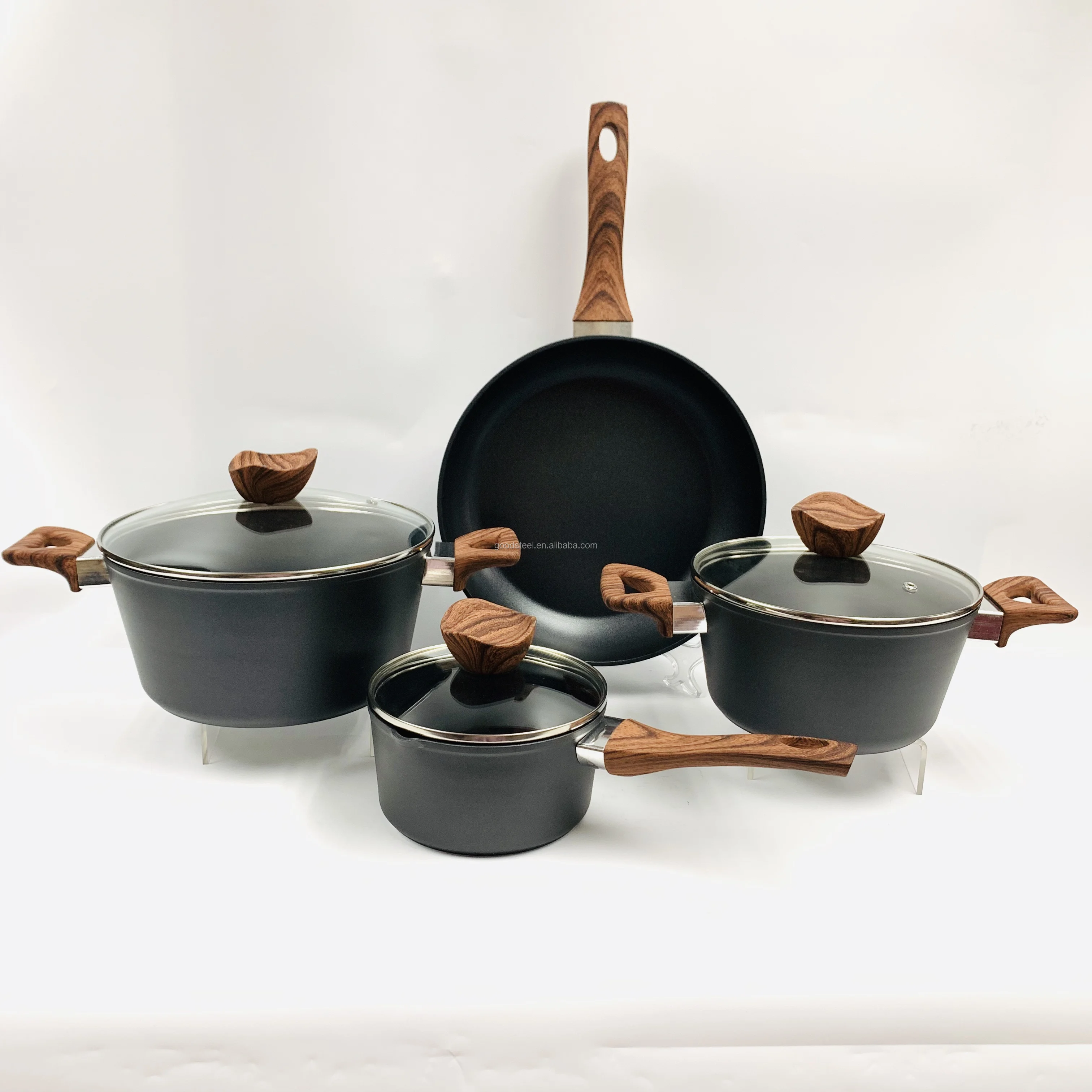 cookware set with wooden handles