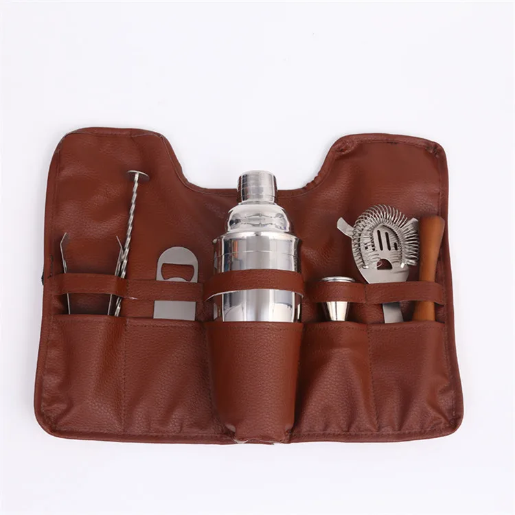 

7-piece weighted stainless steel barman set cocktail shaker set holder with brown leather bag, Accept customize