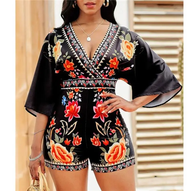 

OSINA Deep V Neck Print Short One Piece Jumpsuit 2021 Sexy Women Rompers And Jumpsuits