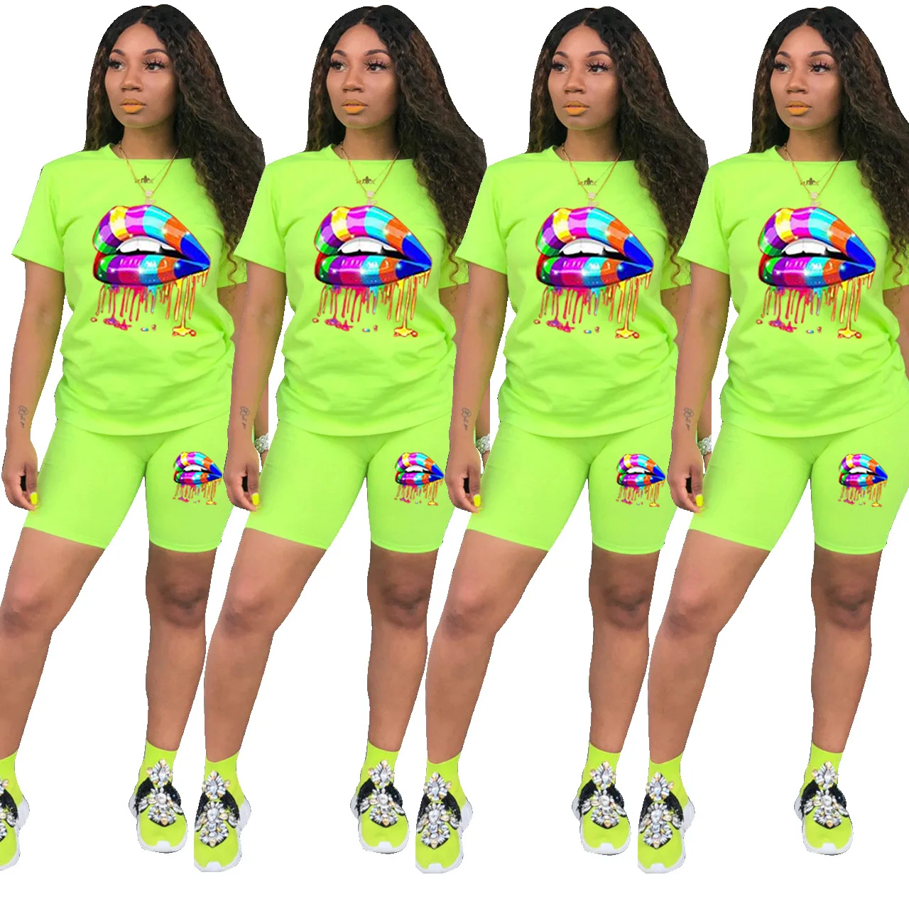

Drop shipping 2020 summer Women short sleeve women clothing two piece set with chest lip pritning