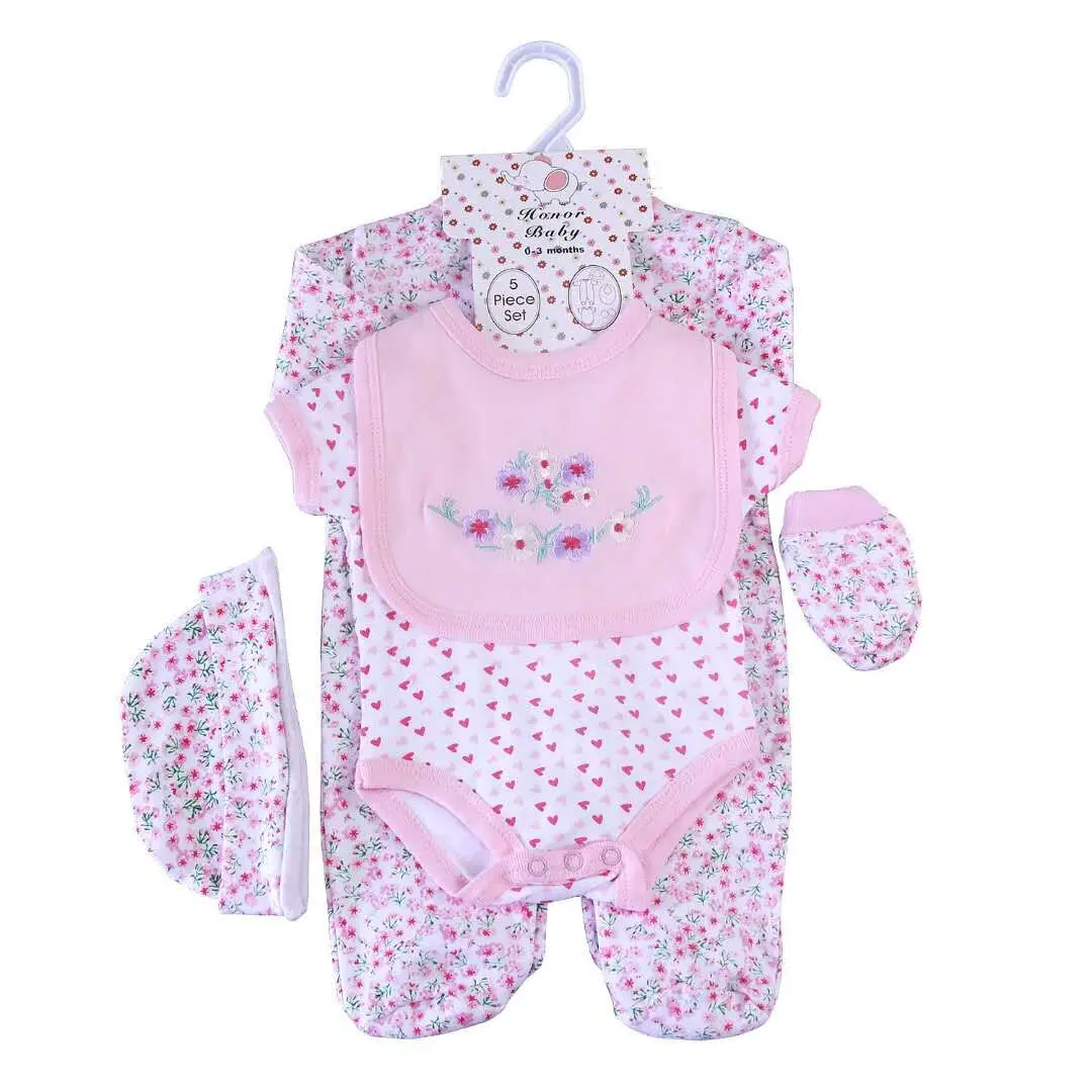 

High Quality Newborn Infant Baby Girls 5Pcs Outfit Clothes Set Autumn Spring Long Sleeve Romper Top Pants Hat