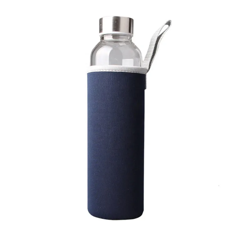 

550ml Sport Bottle with Stainless Steel Lid and Protective Bag Travel Drink Bottle Glass Water Bottle