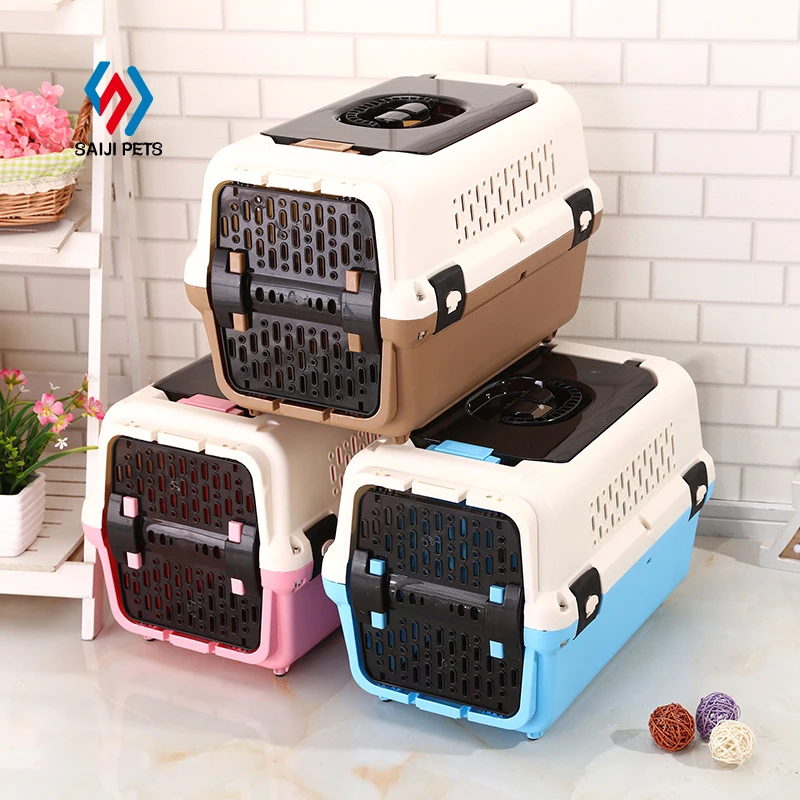 

Saiji IATA regulated airline approved portable pvc transporte samll pet large dog cat air travel carrier crate cage for sale, Pink, blue, brown, customized color