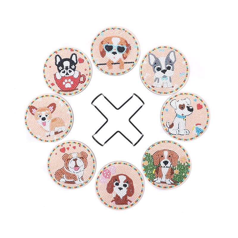 

Diy 5d Diamond Painting Coaster Kits Cute Dogs Cup Mat Wooden Heat Insulated Coaster With Holder