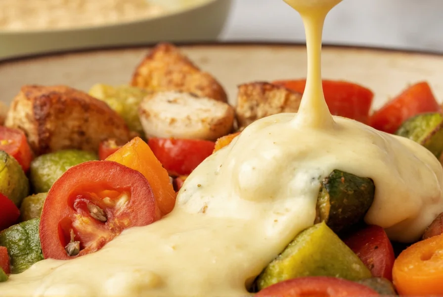 Close-up of creamy béchamel sauce being drizzled over roasted vegetables with fresh nutmeg grater visible
