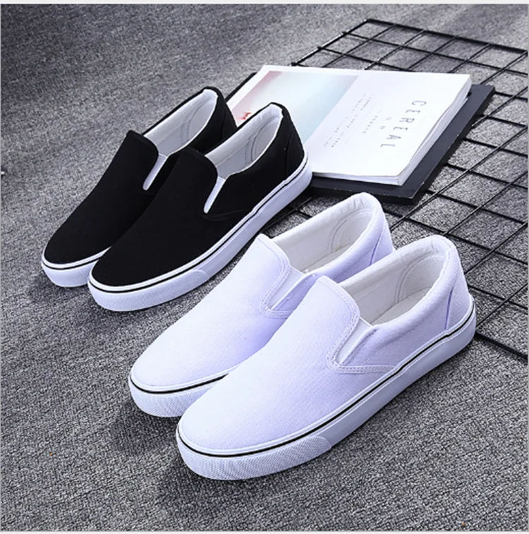 

Spring Summer Latest Fashion Casual Board Slip on Ladies Men Women Canvas Shoes, Black white