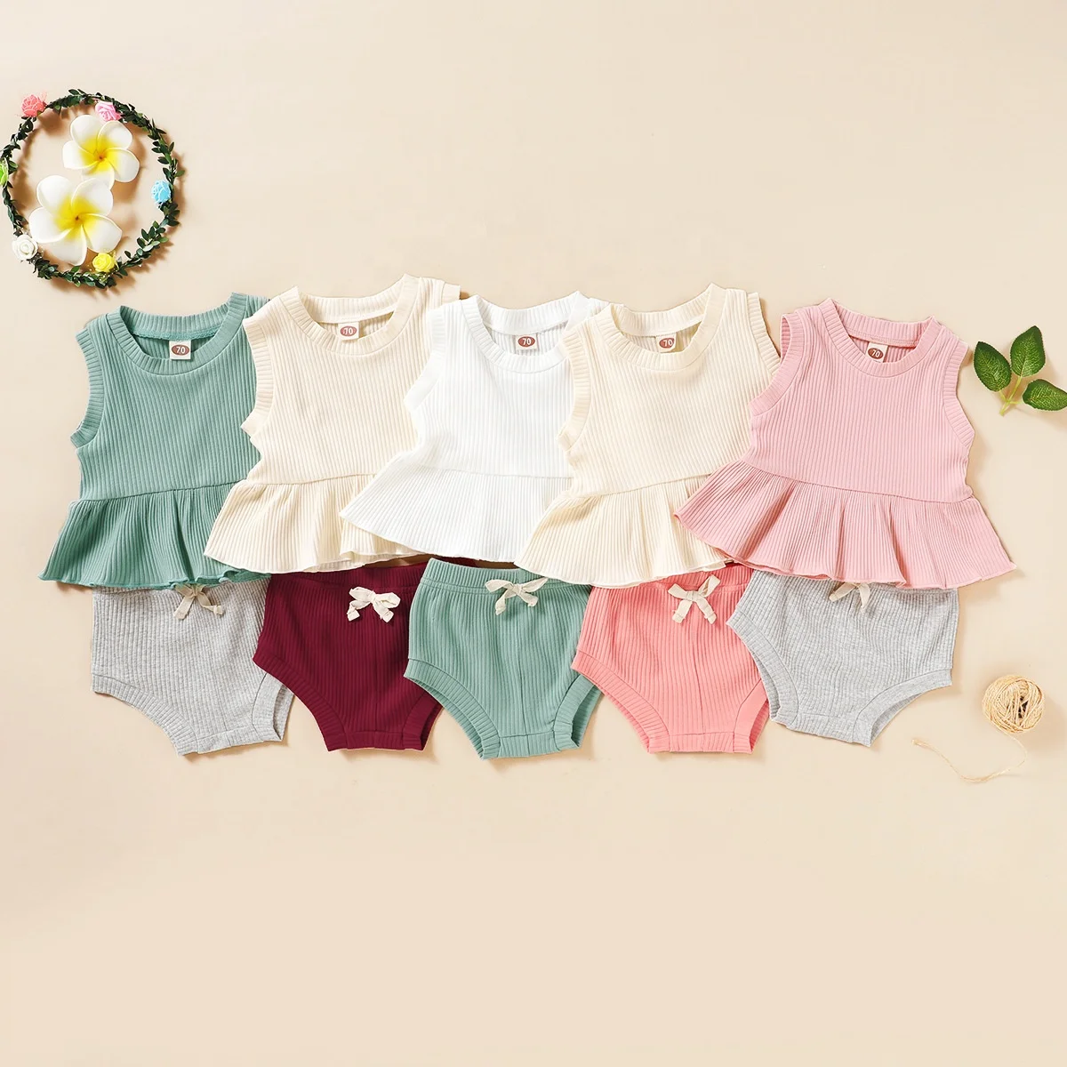 

Ruffle Tank Top Shorts Pants Sunsuit 2PCS Sets Summer Newborn Baby Girls Ribbed Cotton Outfits, Photo showed and customized color
