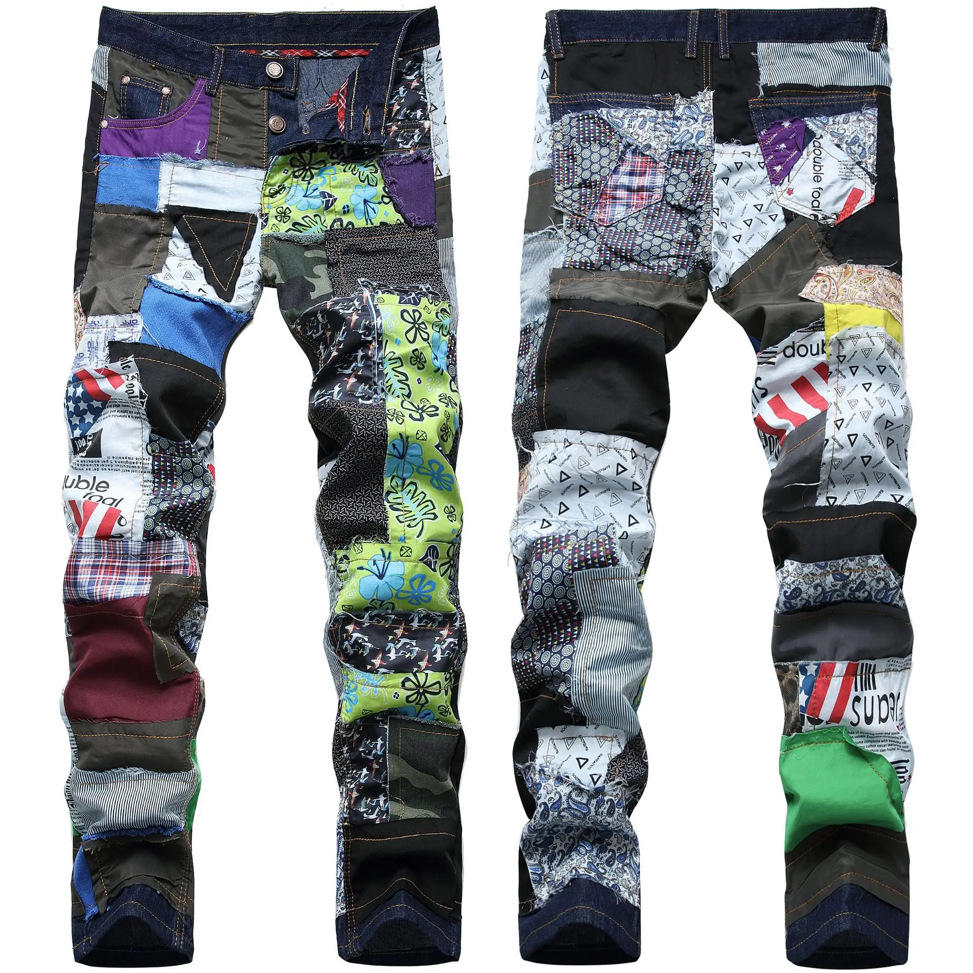 

European Style Pantalon Button Fly Colorful Spliced Denim Pants Washed Vaquero Skinny Patchwork Men Fashion Jeans, Picture color