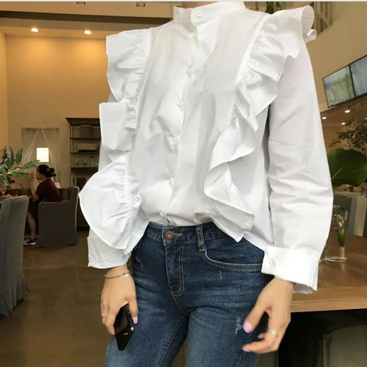 

Wholesale 2021 spring and summer Korean fashion new casual loose blouse elegant retro cotton ruffled stand-up collar blouse, White,gray