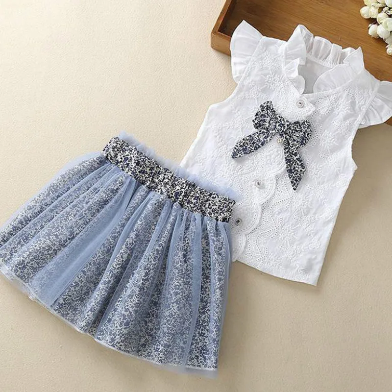 

2021 Spring and Summer New Girls' Short Sleeve Shirt Top + Mesh Skirt Girls' 2-piece Set