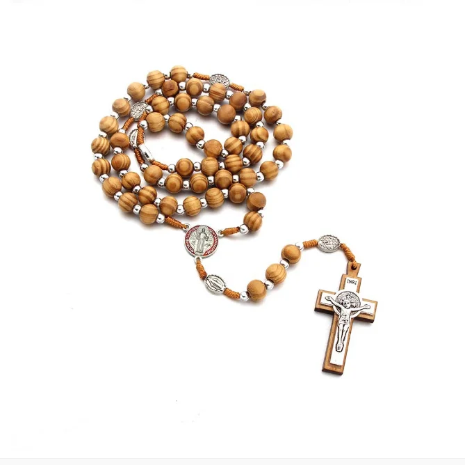 

2021 Komi Wooden Rosary Vintage Virgin Mary Center Beads Cross Crucifix Pendant Prayer Jewelry Necklace