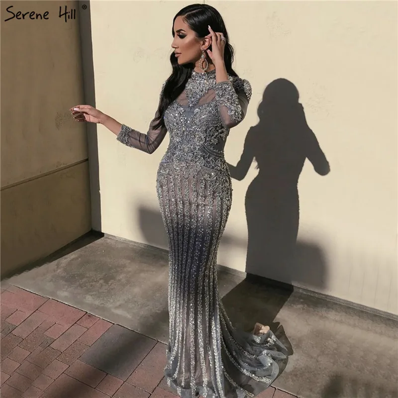 

Elegant Muslim Grey Beaded Sparkle Luxury Mermaid Evening Dresses Serene Hill LA70199 Long Sleeves Long Party Gowns For Women