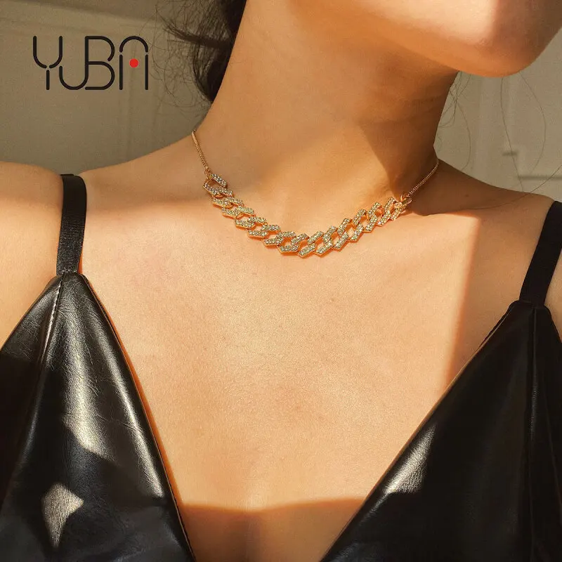 

Punk Simple Gold Filled Micro Inlaid Rhinestone Necklace Hip Hop Personality Chain Full Diamond Cuban Link Chain Necklace