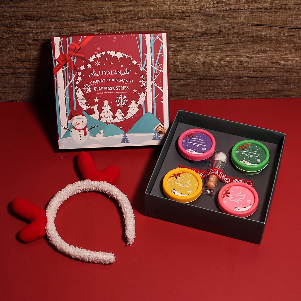 

Wholesale Face Skin Care Organic Rose Mud Turmeric Facial Clay Mask Christmas Gift Set with Hair Band And Brush, Packing: red and green mask: yellow, green, pink, purple
