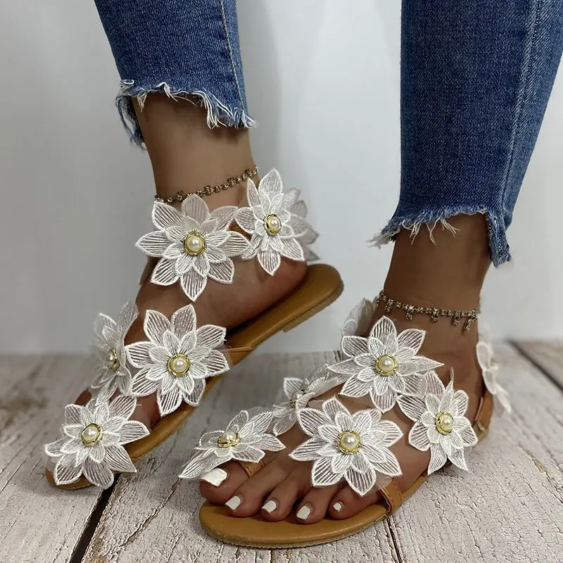 

Beach Sandals Open Toe Slipper Buckle Flat Women's Sandals With Flower