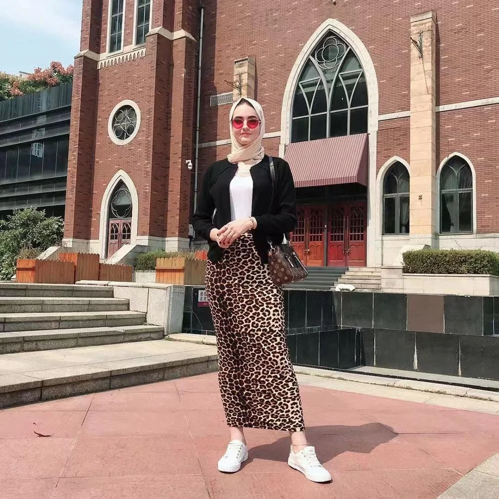 

Women fashion muslim high waist leopard maxi pencil long skirt