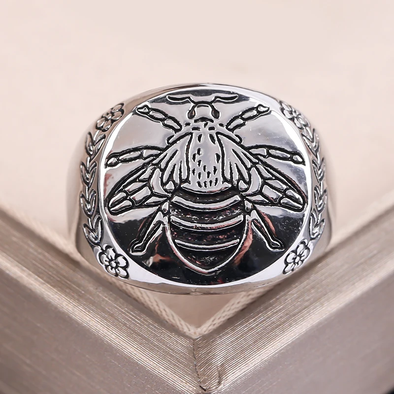 

European and American Fashion Retro Engraving Bees Insect Flower Men Rhodium Plated Ring, Silver