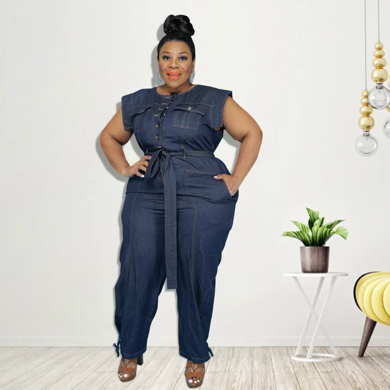 

Cross-Border Plus-Size Women'S Summer 2021 New Wash Denim Casual Jumpsuit New Amazon products, Picture color