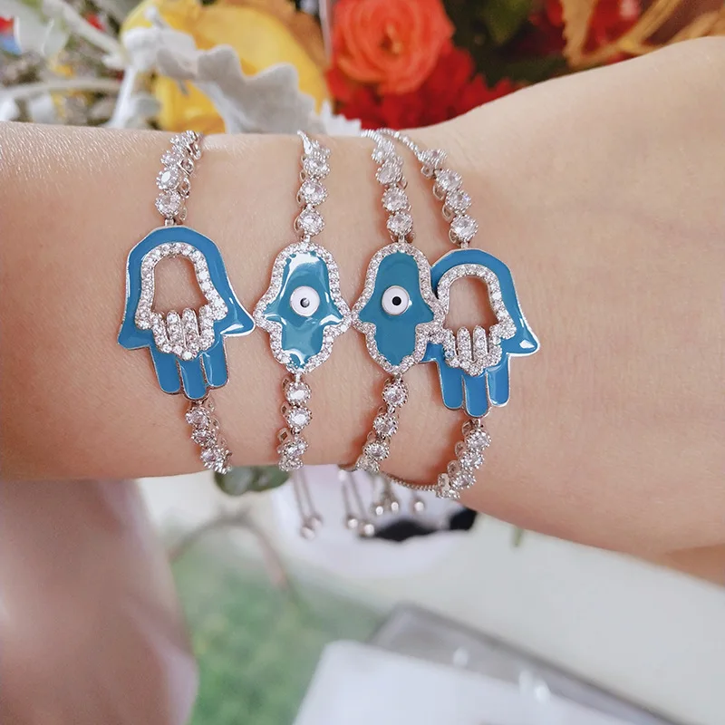 

Unique Designed Shining Silver Rhinestone Diamond Evil Eyes Bracelet Fashion Crystal Hand Eyes Bracelet