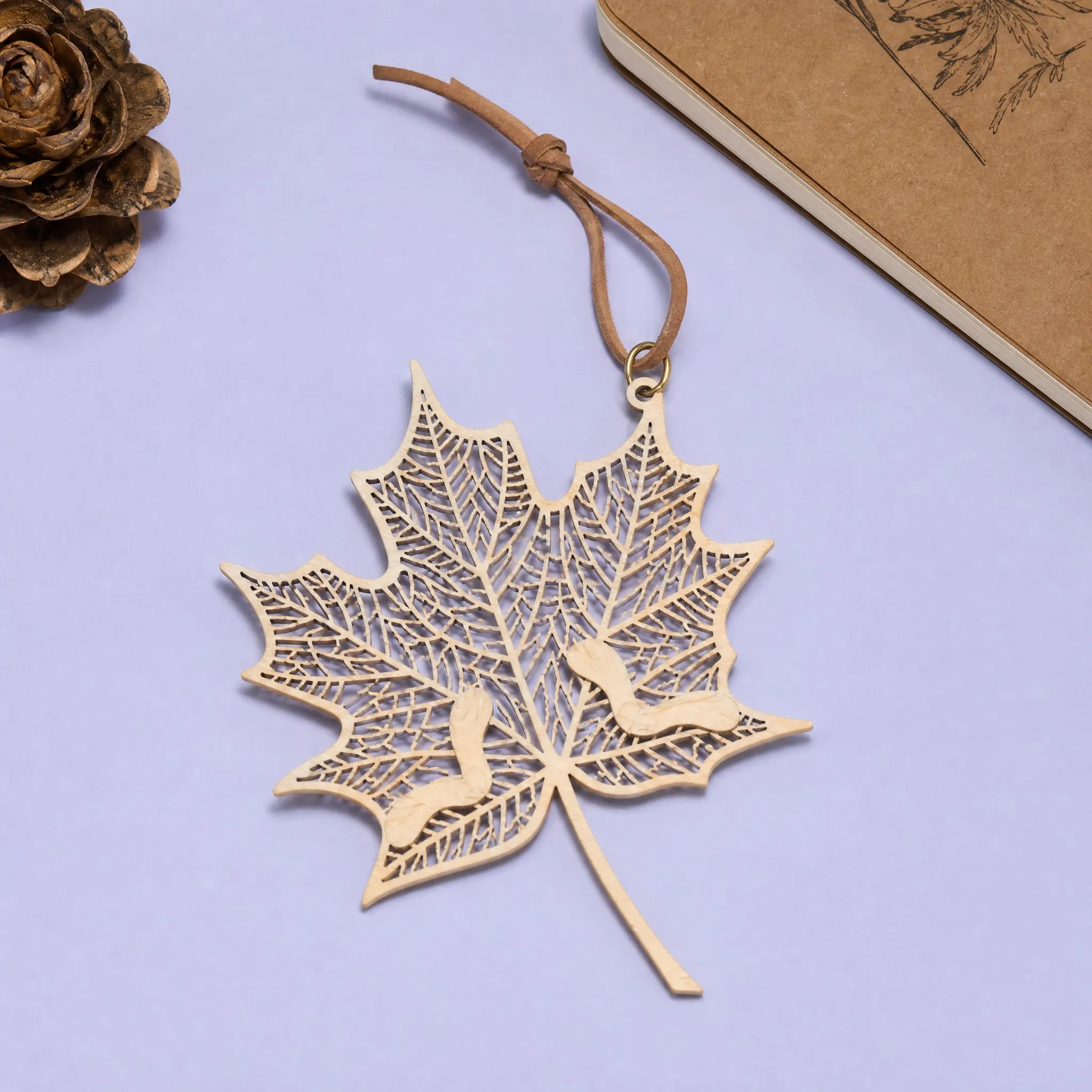 Custom Natural Birch Maple Leaf Skeleton Vein Filigree Die Cut Bookmark with Leather Loop