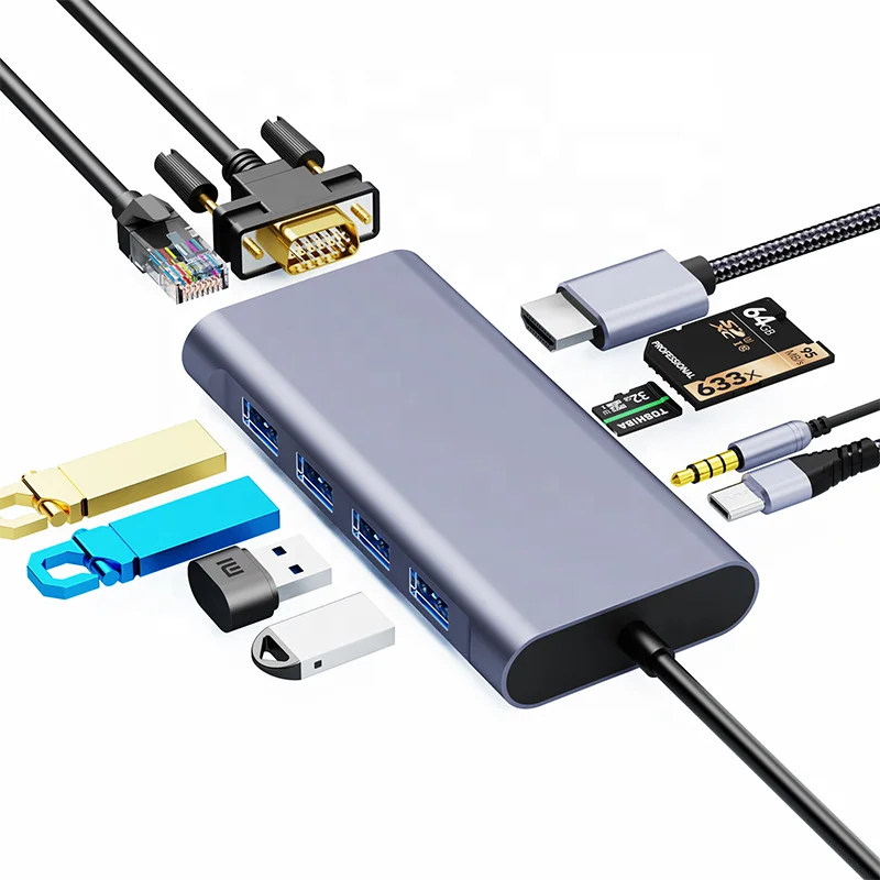 

11 Port Type C USB Hub 3.0 to Ethernet 4K HDMI VGA Card Reader Multiport Adapter for MacBook Pro Dell XPS USB C Hub