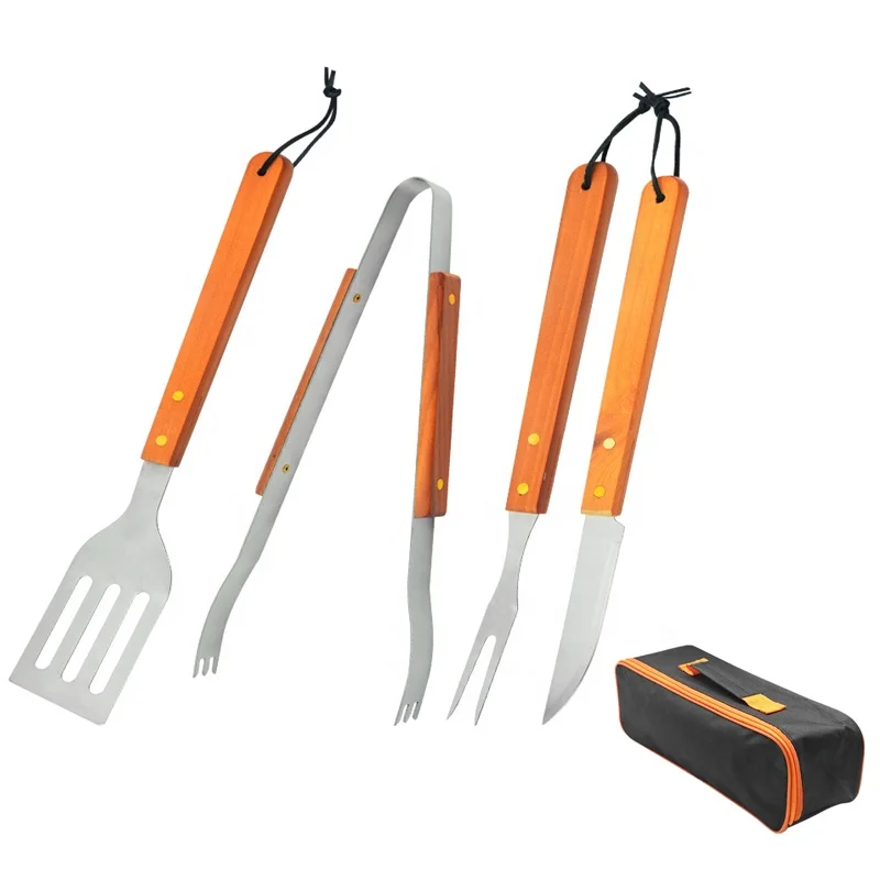 

In Stock Outdoor Camping Grill 4 Pieces Stainless Steel Wood Handle BBQ Grill Tool Set With Carry Bag