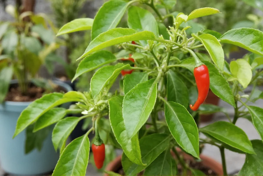Bird chili plant growing in container garden with small red peppers visible