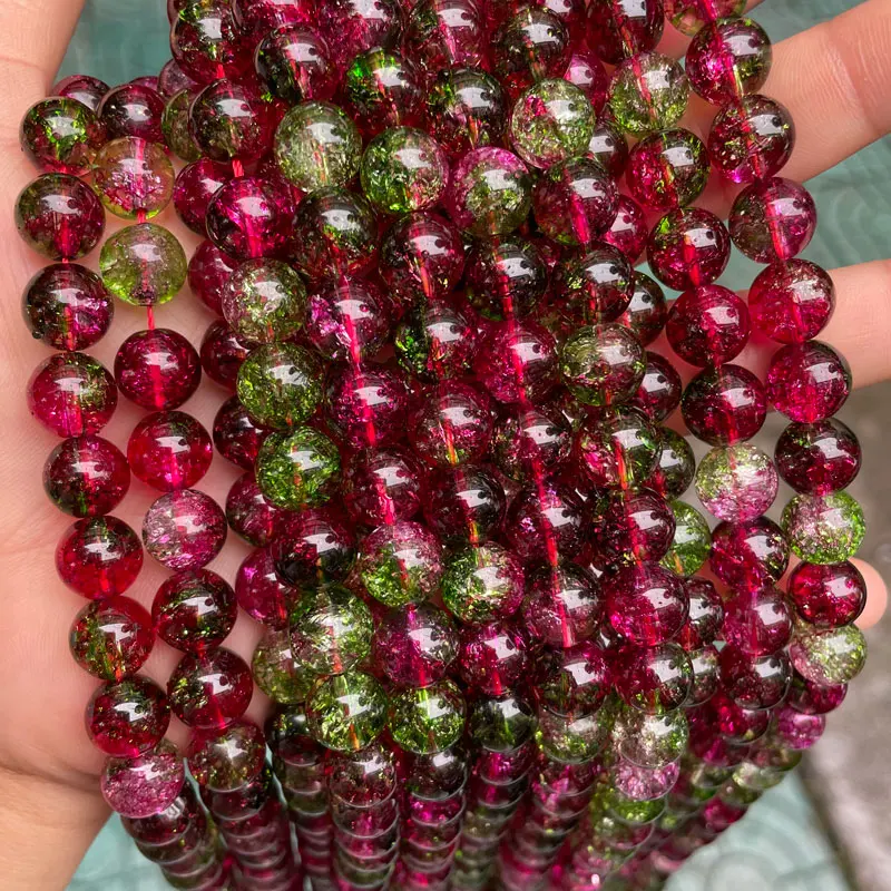

Wholesale Natural Stone Cracked Watermelon Crystal Quartz Beads Round Loose Tourmaline Color Stone Beads For Jewelry Making, Dyed colors as picture