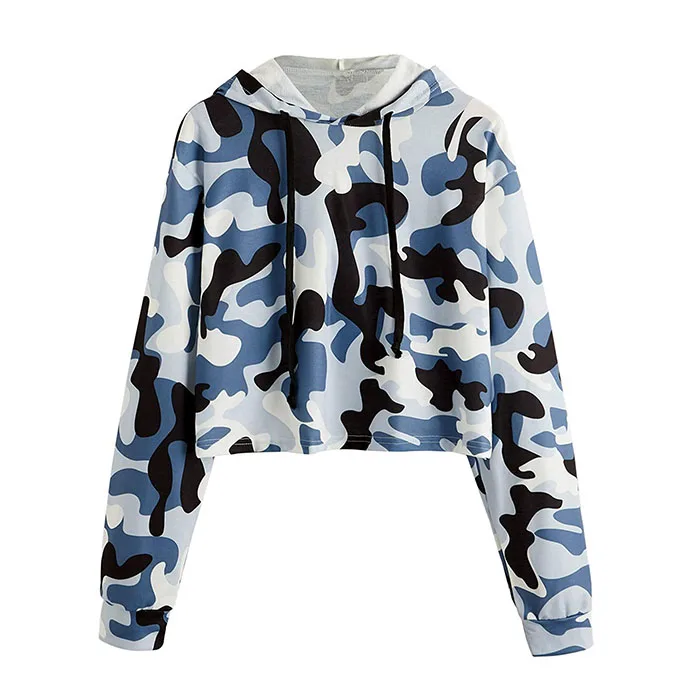 

Promotional Women Print Hoodies Custom Camo Multi Color Drawstring Stripe Sleeve Crop Top Hoodie