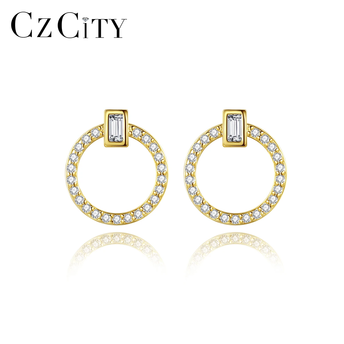 

CZCITY Jewelry Gold Disc Lady Earing Stud Cz Cubic Zirconia In Sterling Silver New Fashion Circle Earring