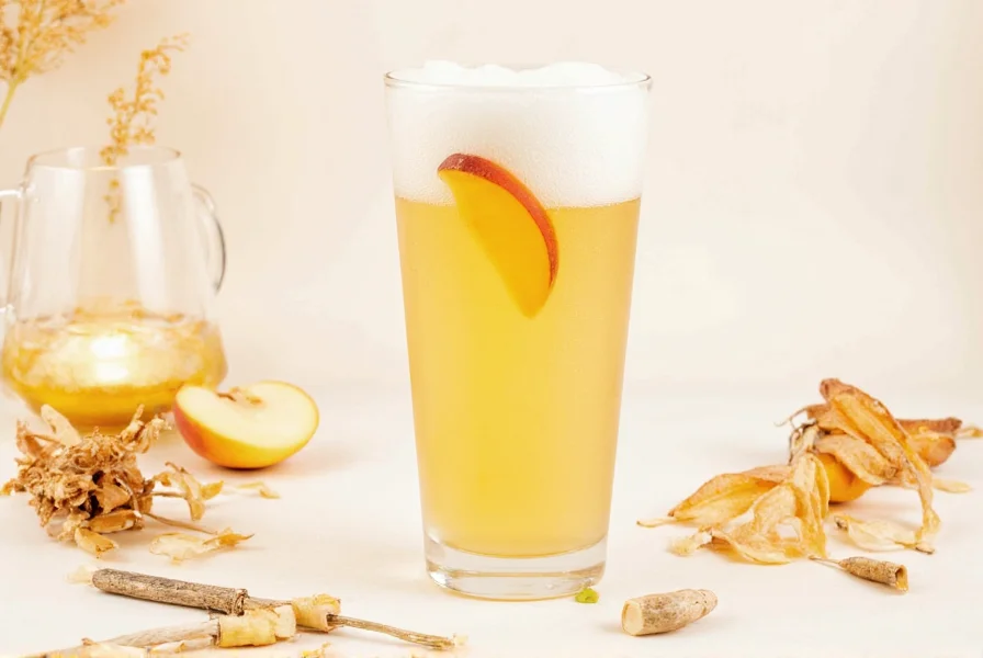 Step-by-step preparation of homemade white peach ginger ale showing ingredients and fermentation process