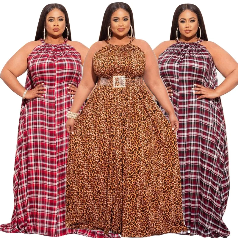 

Maxi Casual Plus Size Plaid Dress Summer Dresses Women Beach Loose Backless Leopard Casual Dresses, Leopard print, red check, dark red check